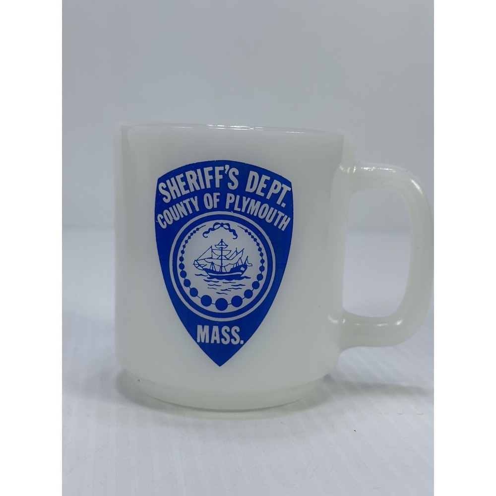 Vintage Glasbake Milk Glass Coffee Mug Cup Sheriffs Dept County Of Plymouth Mass